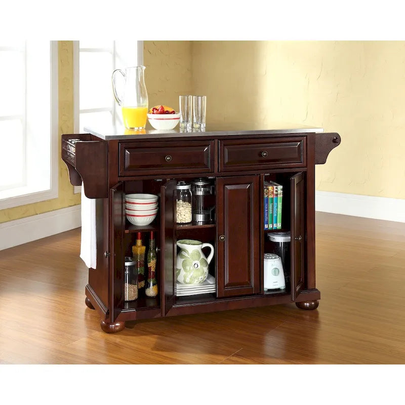 Stainless Steel Top Kitchen Island in Mahogany Finish