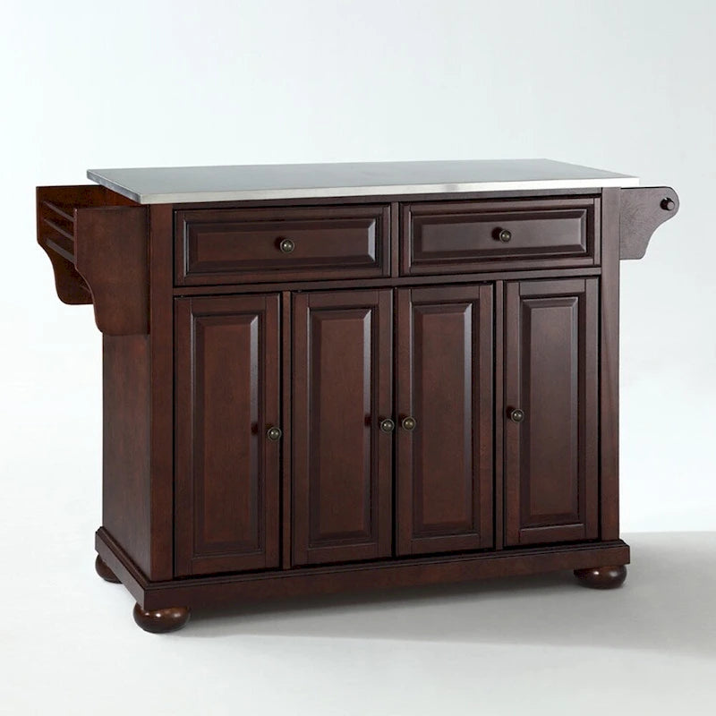 Stainless Steel Top Kitchen Island in Mahogany Finish