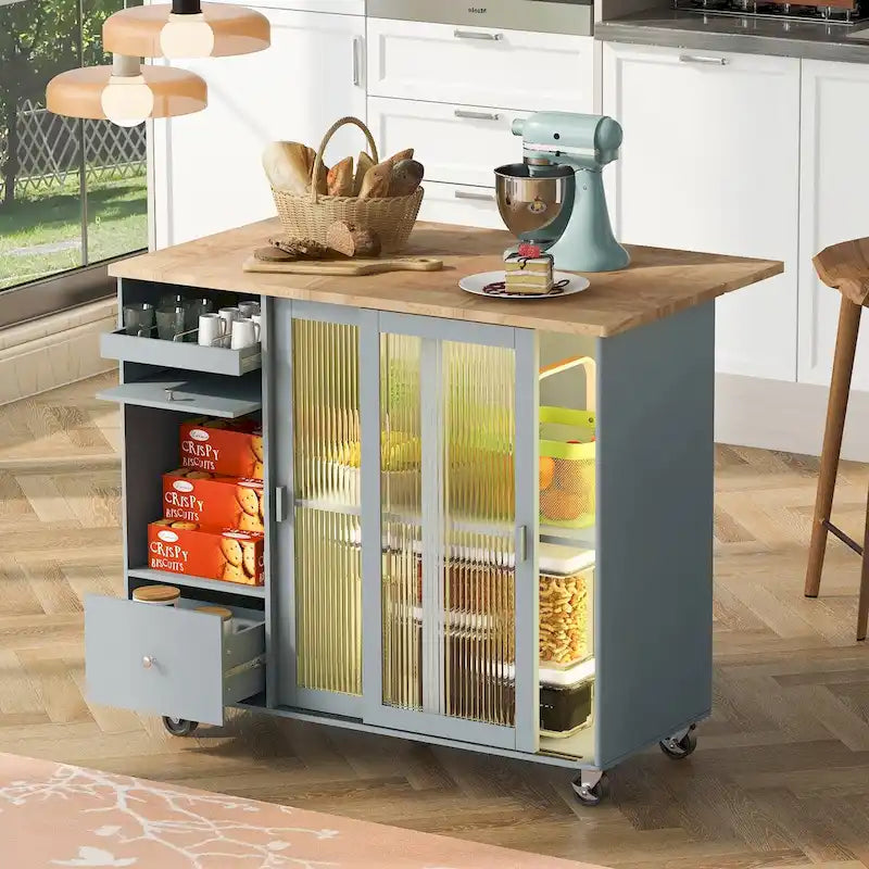 44-Inch Kitchen Island with Drop-Leaf Top, LED Lighting and Storage