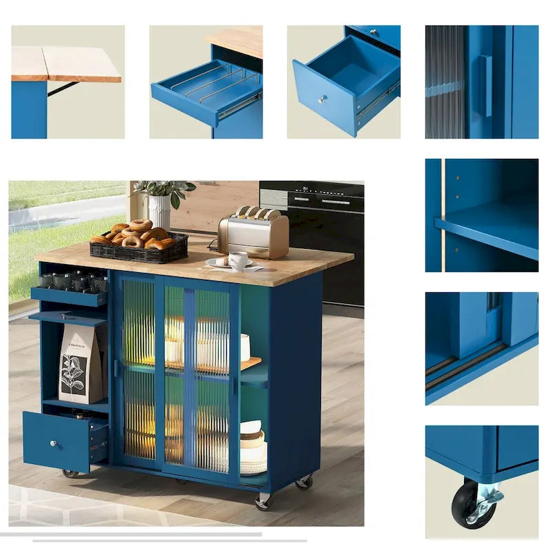 44-Inch Kitchen Island with Drop-Leaf Top, LED Lighting and Storage