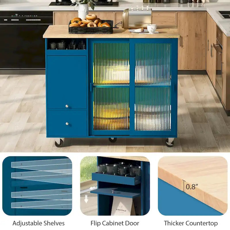 44-Inch Kitchen Island with Drop-Leaf Top, LED Lighting and Storage