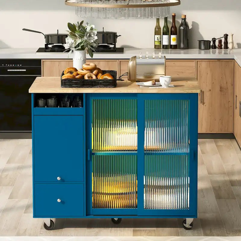 44-Inch Kitchen Island with Drop-Leaf Top, LED Lighting and Storage