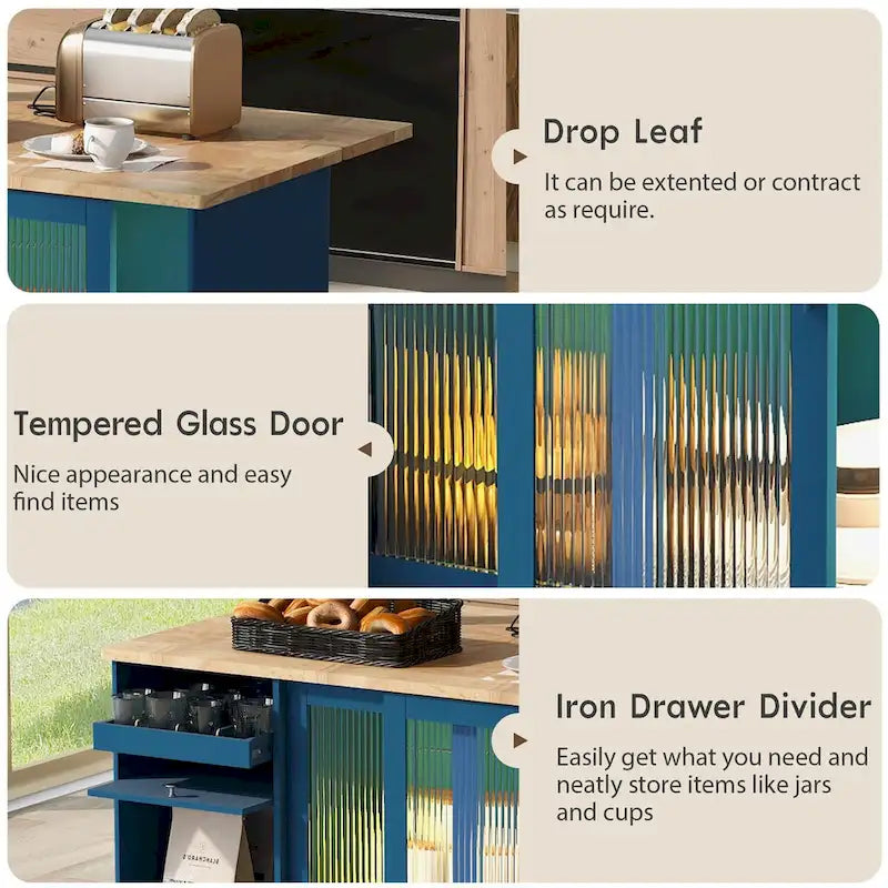 44-Inch Kitchen Island with Drop-Leaf Top, LED Lighting and Storage