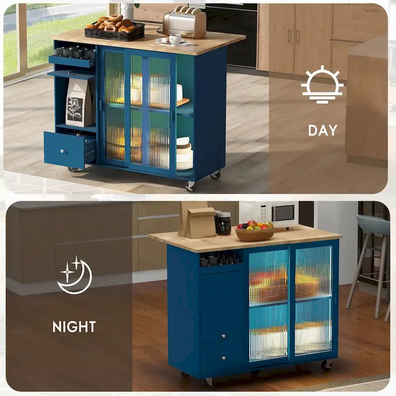 44-Inch Kitchen Island with Drop-Leaf Top, LED Lighting and Storage