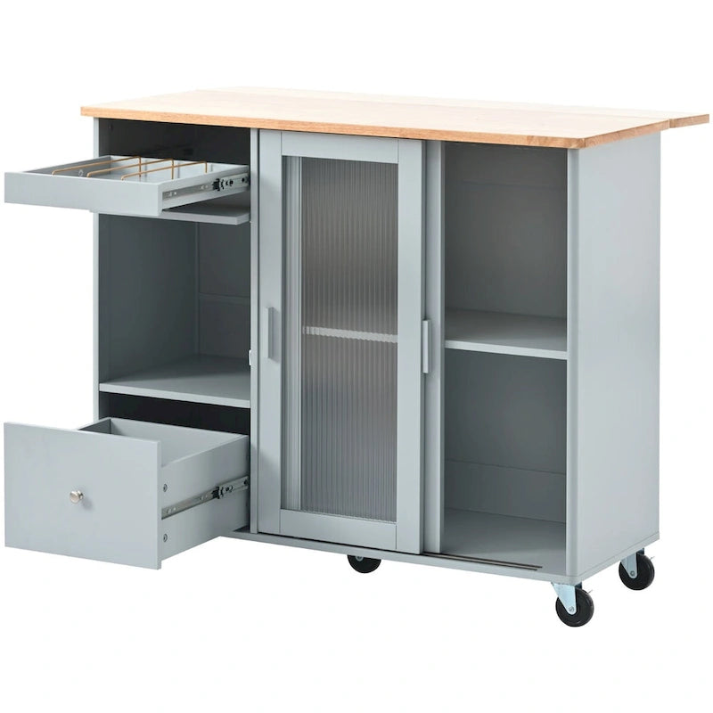 44-Inch Kitchen Island with Drop-Leaf Top, LED Lighting and Storage