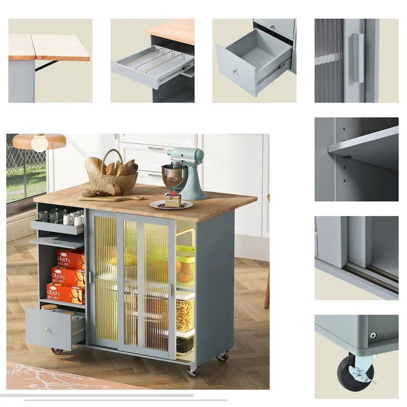 44-Inch Kitchen Island with Drop-Leaf Top, LED Lighting and Storage