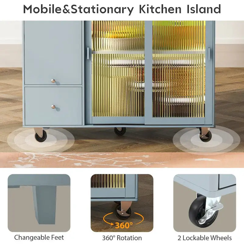 44-Inch Kitchen Island with Drop-Leaf Top, LED Lighting and Storage