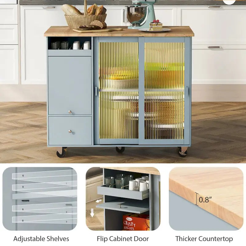 44-Inch Kitchen Island with Drop-Leaf Top, LED Lighting and Storage