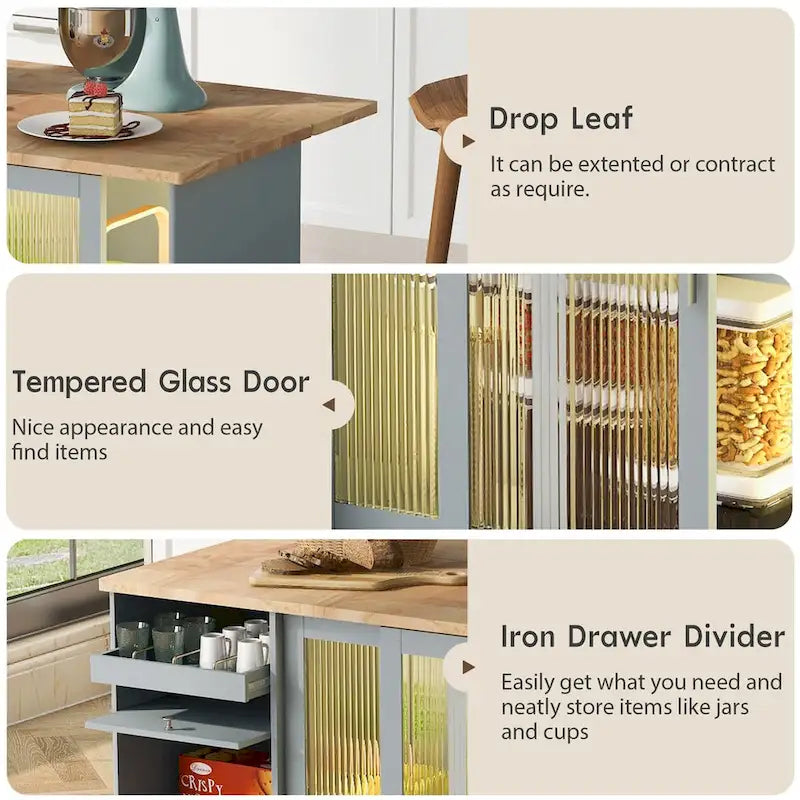 44-Inch Kitchen Island with Drop-Leaf Top, LED Lighting and Storage