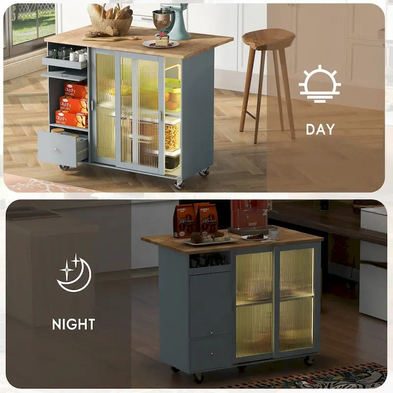 44-Inch Kitchen Island with Drop-Leaf Top, LED Lighting and Storage