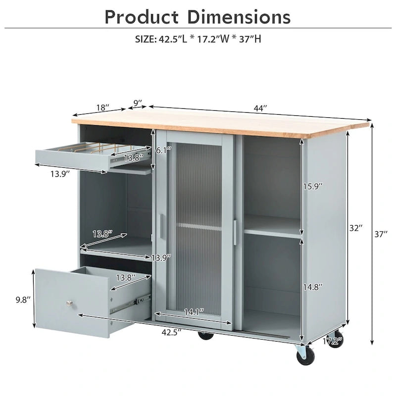 44-Inch Kitchen Island with Drop-Leaf Top, LED Lighting and Storage