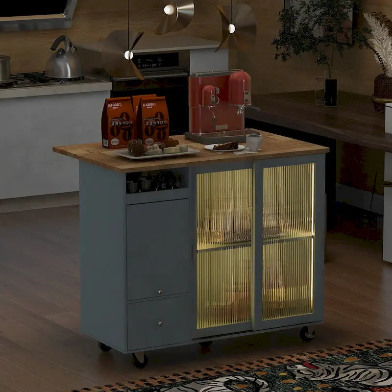 44-Inch Kitchen Island with Drop-Leaf Top, LED Lighting and Storage
