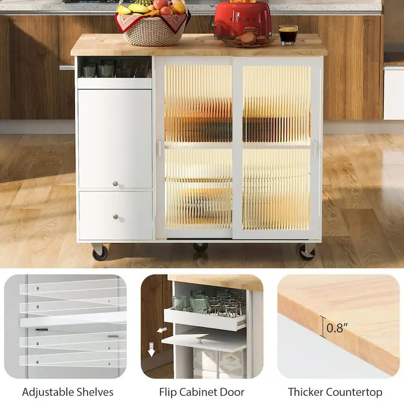 44-Inch Kitchen Island with Drop-Leaf Top, LED Lighting and Storage