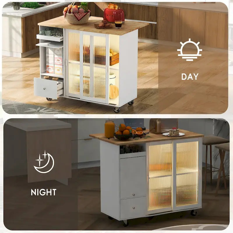 44-Inch Kitchen Island with Drop-Leaf Top, LED Lighting and Storage