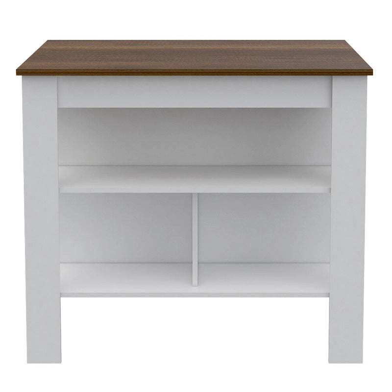 Open Kitchen Island with Three Shelves, White and Walnut