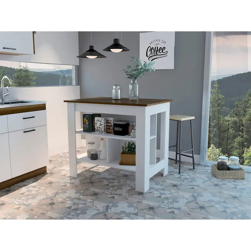 Open Kitchen Island with Three Shelves, White and Walnut