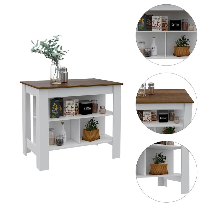 Open Kitchen Island with Three Shelves, White and Walnut