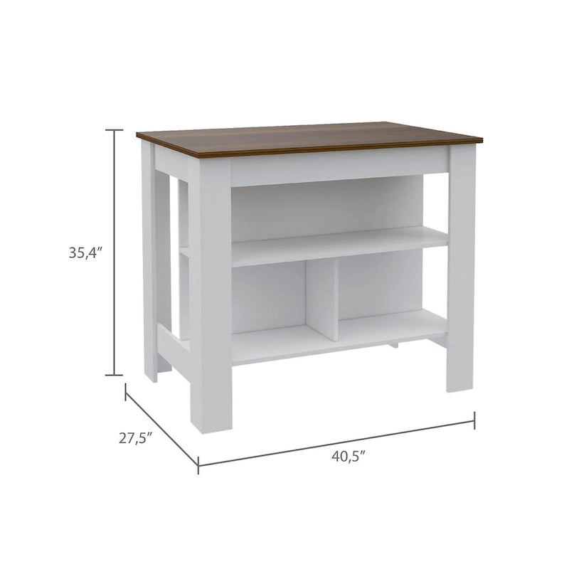 Open Kitchen Island with Three Shelves, White and Walnut