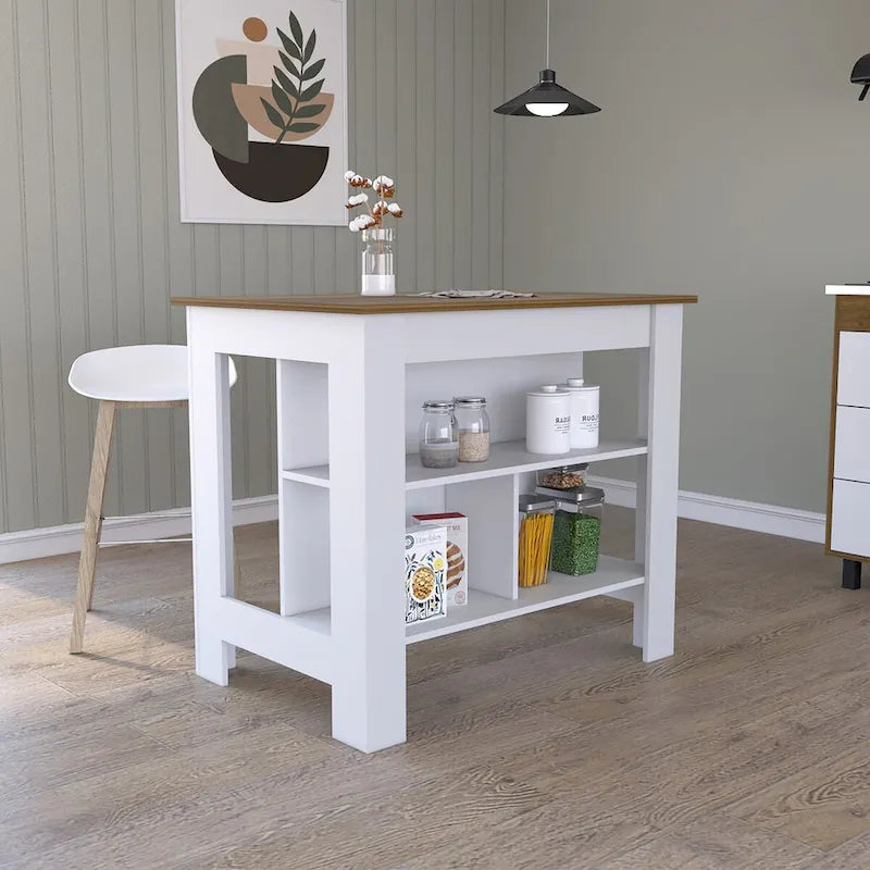 Open Kitchen Island with Three Shelves, White and Walnut