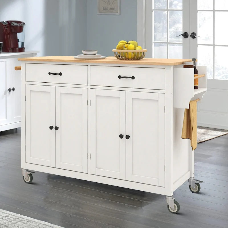 Wooden Kitchen Island Cart with Drawers and Cabinets