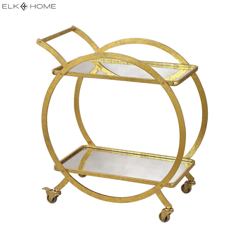 Gold Metal and Glass Rolling Bar Cart