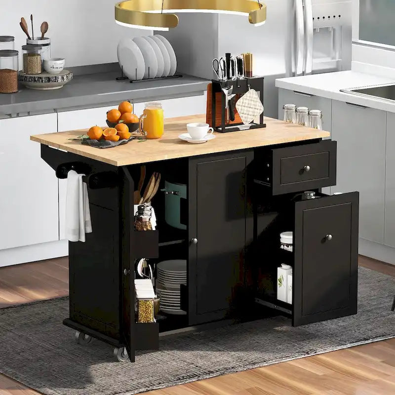 Rolling Kitchen Cart with Drop Leaf and Pull-Out Storage