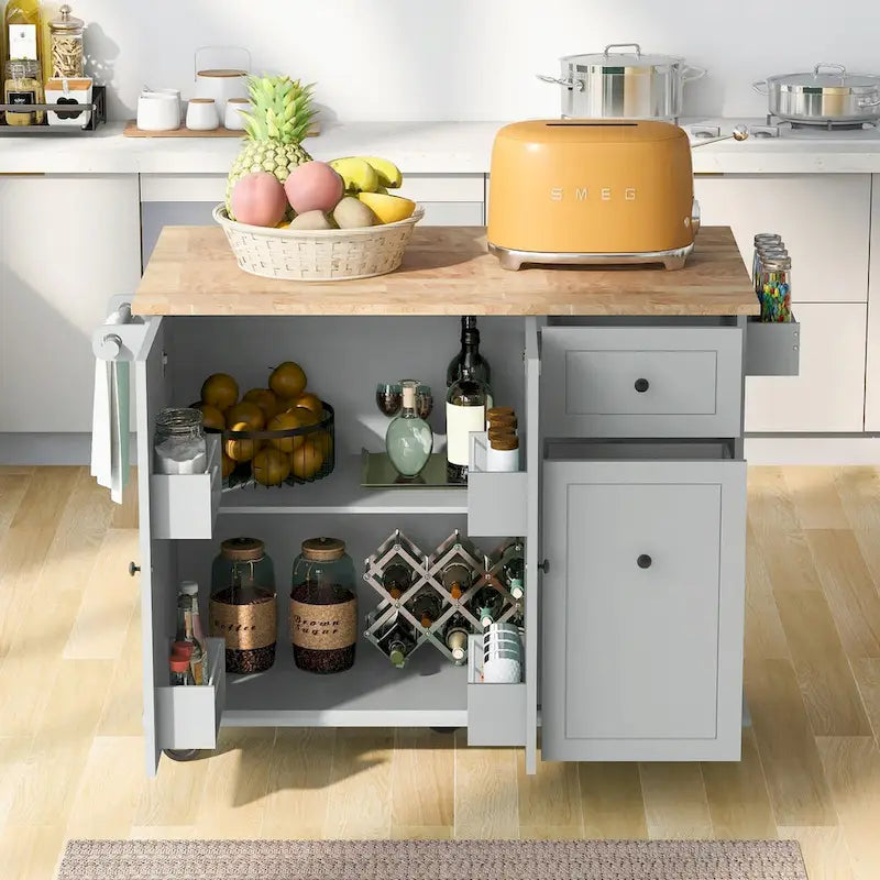 Rolling Kitchen Cart with Drop Leaf and Pull-Out Storage