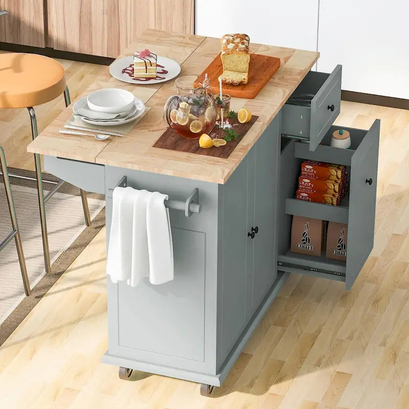 Rolling Kitchen Cart with Drop Leaf and Pull-Out Storage