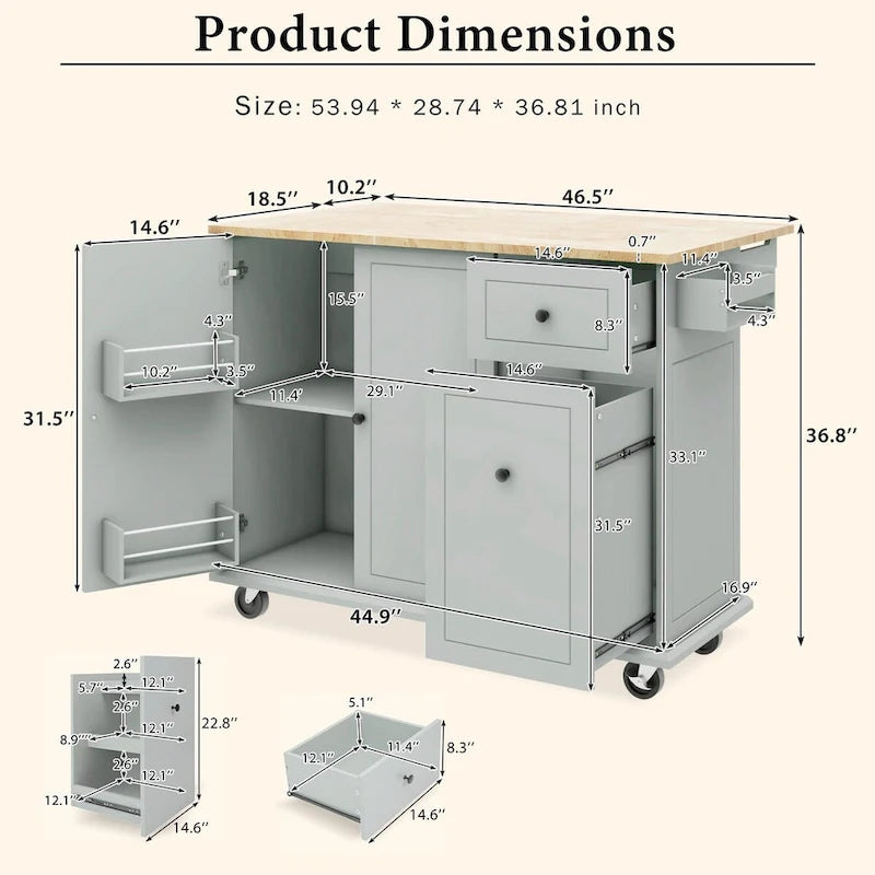 Rolling Kitchen Cart with Drop Leaf and Pull-Out Storage