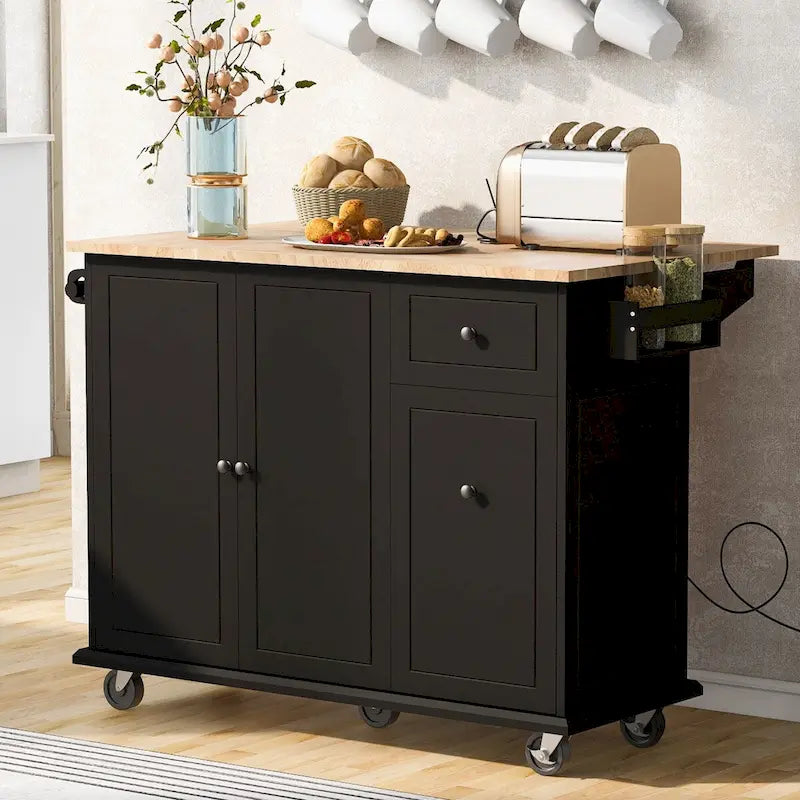 53.9-Inch Rolling Kitchen Island with Drop-Leaf Top and Pull-Out Storage