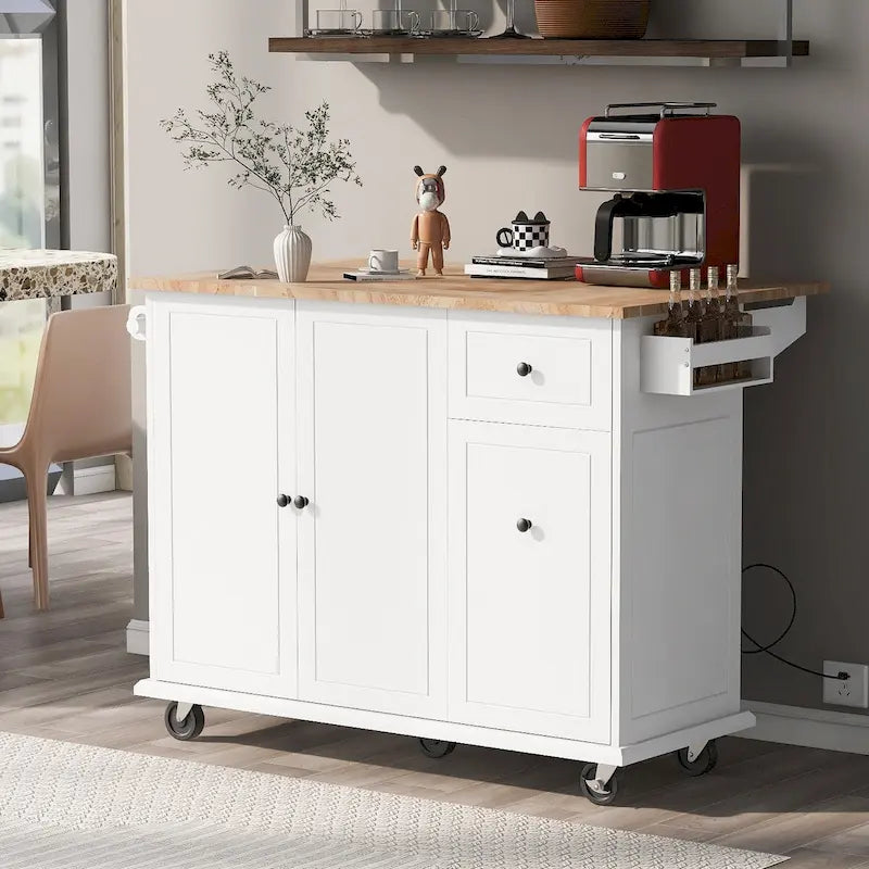 53.9-Inch Rolling Kitchen Island with Drop-Leaf Top and Pull-Out Storage