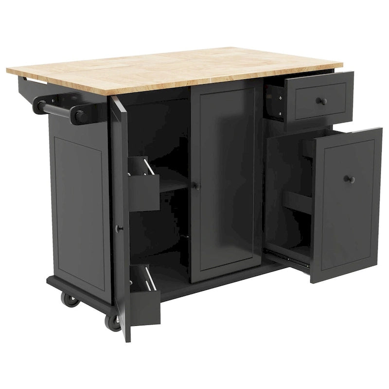 53.9-Inch Rolling Kitchen Island with Drop-Leaf Top and Pull-Out Storage