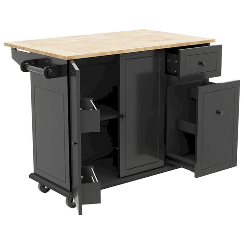 53.9-Inch Rolling Kitchen Island with Drop-Leaf Top and Pull-Out Storage