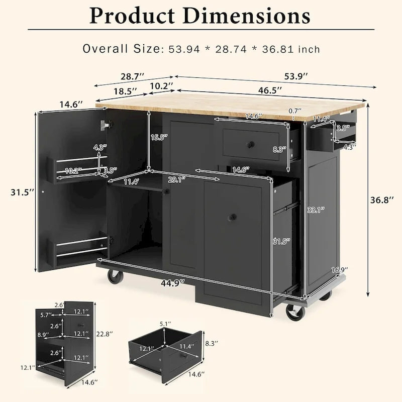 53.9-Inch Rolling Kitchen Island with Drop-Leaf Top and Pull-Out Storage