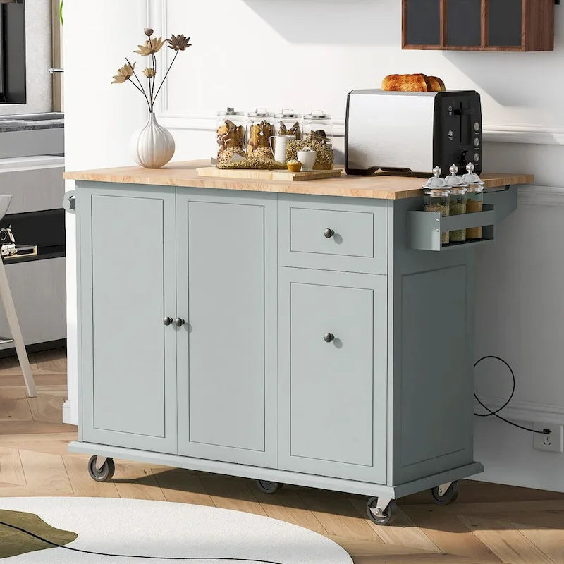 53.9-Inch Rolling Kitchen Island with Drop-Leaf Top and Pull-Out Storage
