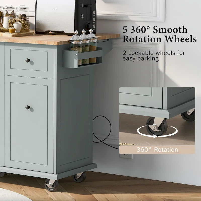 53.9-Inch Rolling Kitchen Island with Drop-Leaf Top and Pull-Out Storage