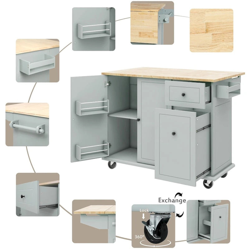 53.9-Inch Rolling Kitchen Island with Drop-Leaf Top and Pull-Out Storage