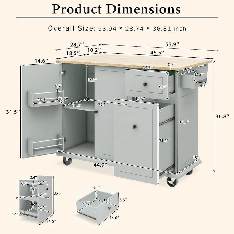 53.9-Inch Rolling Kitchen Island with Drop-Leaf Top and Pull-Out Storage