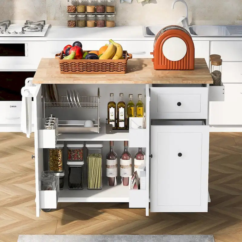 53.9-Inch Rolling Kitchen Island with Drop-Leaf Top and Pull-Out Storage