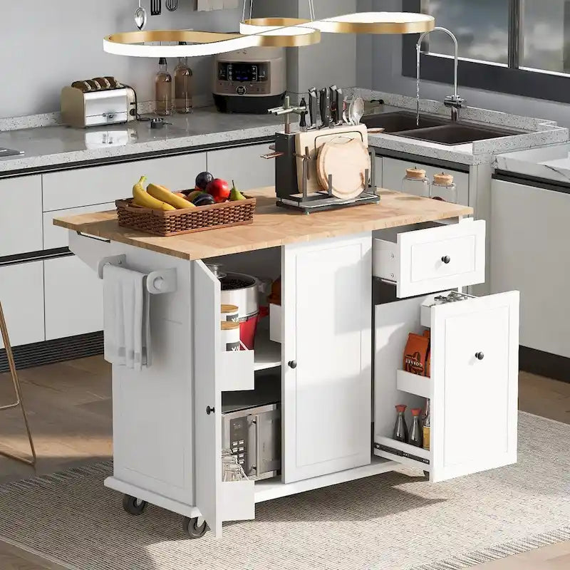 53.9-Inch Rolling Kitchen Island with Drop-Leaf Top and Pull-Out Storage