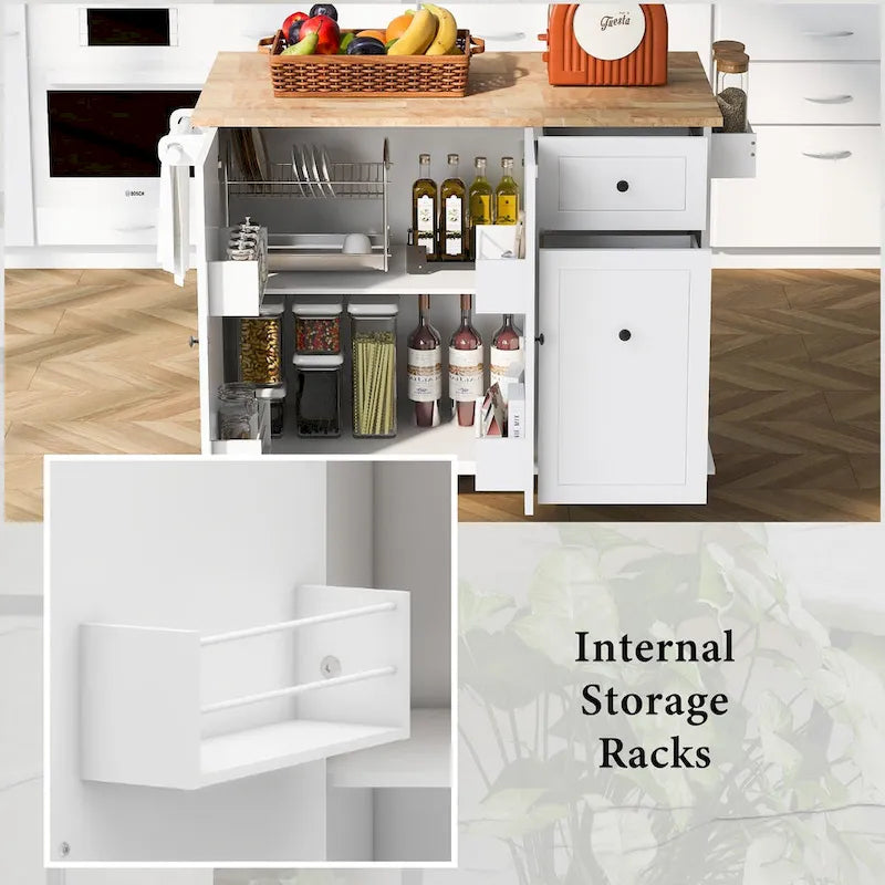 53.9-Inch Rolling Kitchen Island with Drop-Leaf Top and Pull-Out Storage