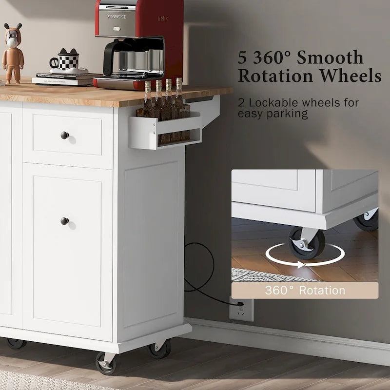 53.9-Inch Rolling Kitchen Island with Drop-Leaf Top and Pull-Out Storage