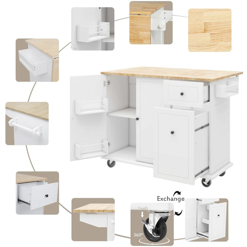 53.9-Inch Rolling Kitchen Island with Drop-Leaf Top and Pull-Out Storage