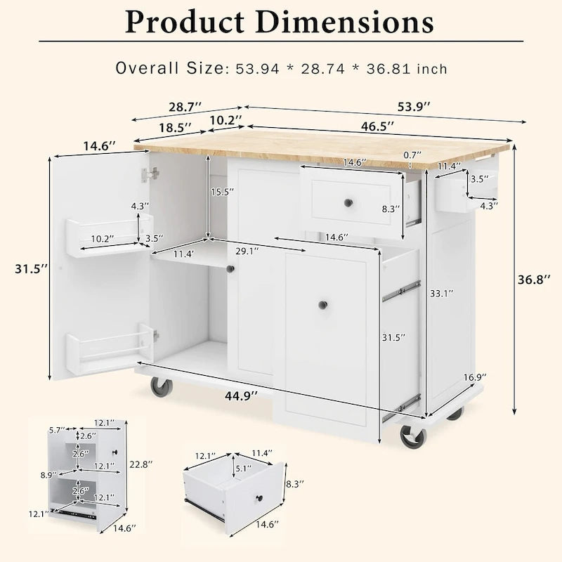 53.9-Inch Rolling Kitchen Island with Drop-Leaf Top and Pull-Out Storage
