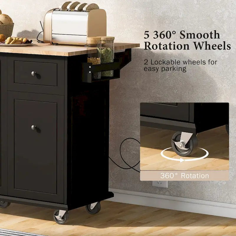 53.9-Inch Rolling Kitchen Island with Drop-Leaf Top and Pull-Out Storage