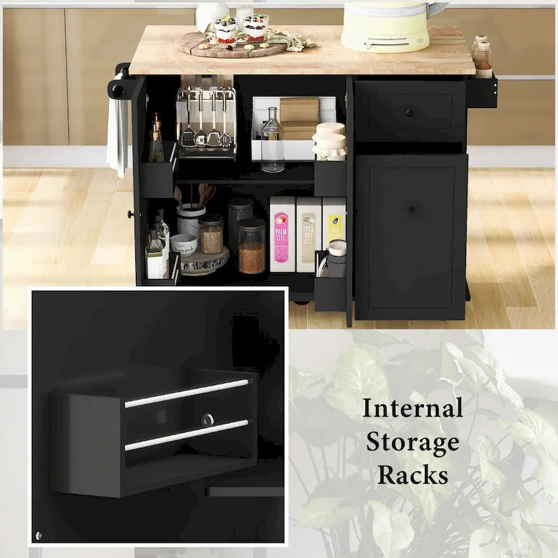53.9-Inch Rolling Kitchen Island with Drop-Leaf Top and Pull-Out Storage