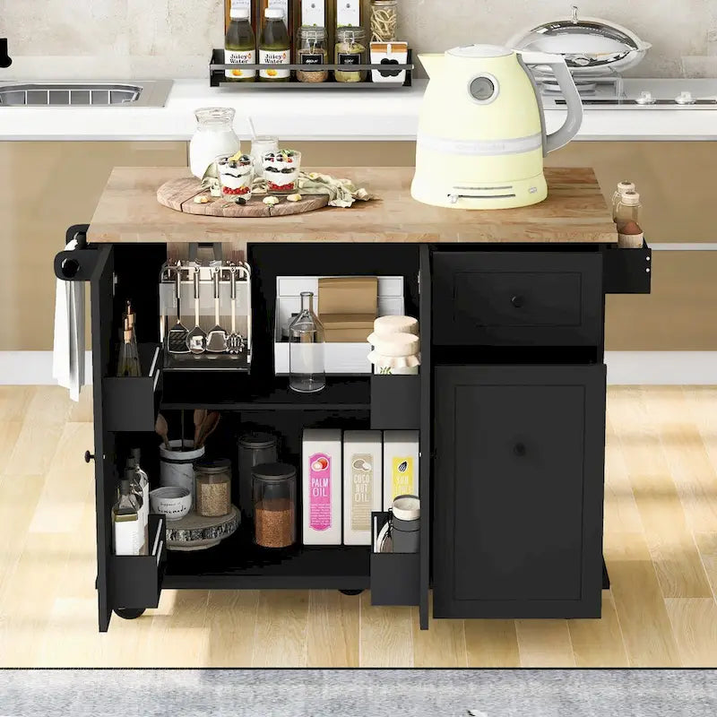 53.9-Inch Rolling Kitchen Island with Drop-Leaf Top and Pull-Out Storage