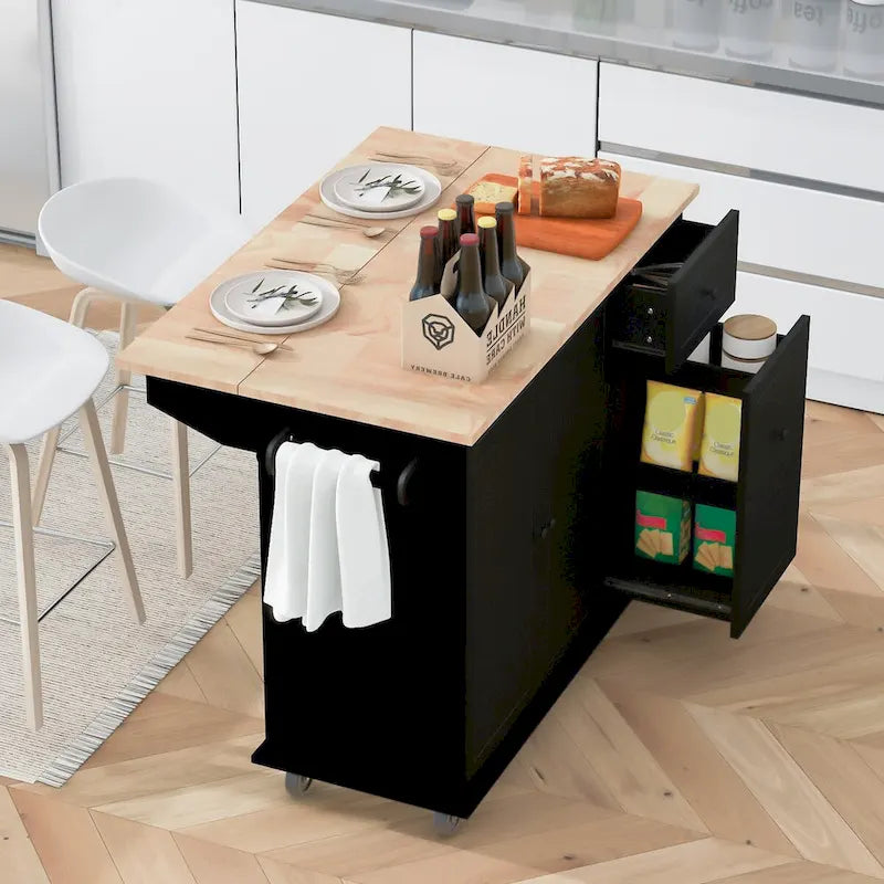 53.9-Inch Rolling Kitchen Island with Drop-Leaf Top and Pull-Out Storage