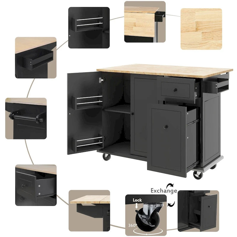 53.9-Inch Rolling Kitchen Island with Drop-Leaf Top and Pull-Out Storage