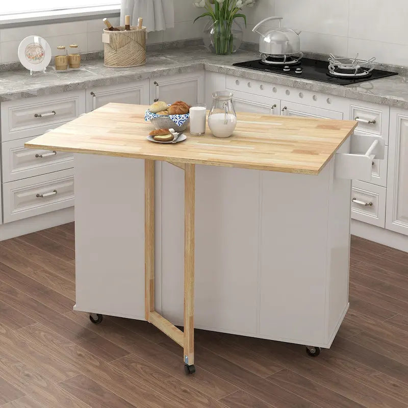 Rolling Kitchen Island with Drop-Leaf Top, Spice Rack and Towel Rack